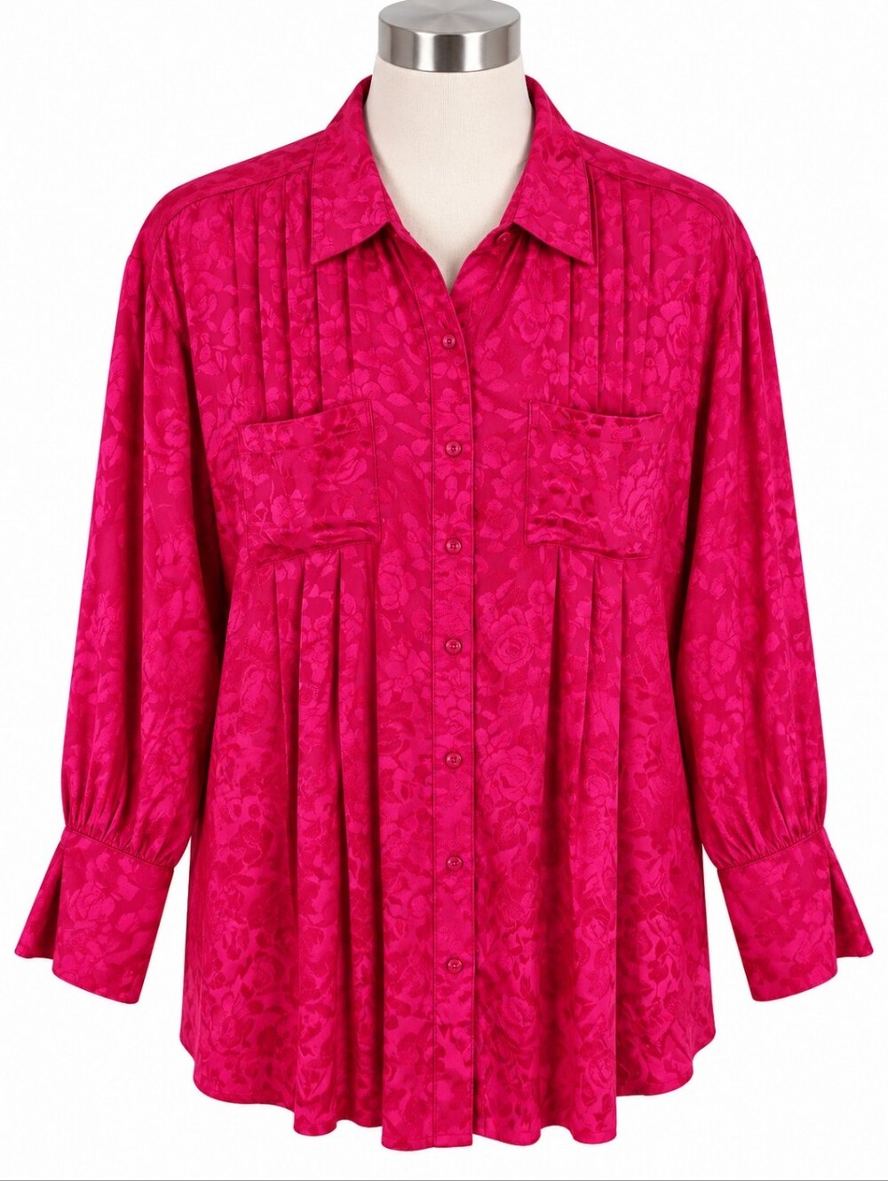 NEW BOHERA Dark Pink Satin Jacquard Tunic Top Shirt Blouse Pleated NWT Size M